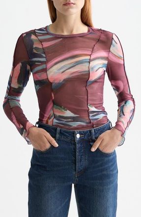 Scotch & Soda Patchwork Print Mesh Top in Abstract Mountain at Nordstrom, Size X-Small