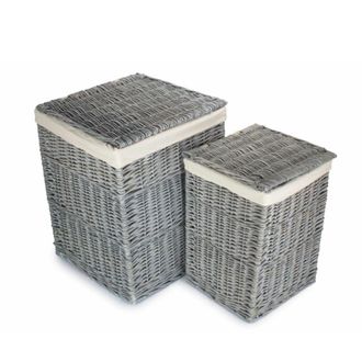 Red Hamper Grey Wash Square Laundry Basket with White Lining | Size: 2 Pack