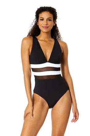 Anne Cole Womens Gabor Mesh Plunge Front Colorblock Mesh One Piece Swimsuit at Nordstrom, Size 14