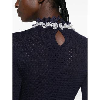 Self Portrait Crochet-Knit Crystal-Embellished Dress - Navy