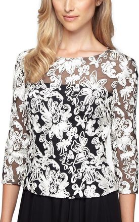 Alex Evenings Soutache Tulle Blouse in Black/White at Nordstrom, Size X-Large