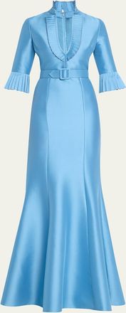 Badgley Mischka Pleated-Trim Trumpet Mikado Gown
