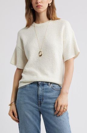 Nordstrom Short Sleeve Stretch Wool Blend Boucl&eacute; Sweater in Ivory Tofu at Nordstrom, Size Xx-Small