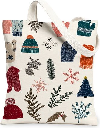 Generic Winter Accessories Canvas Tote Bags, Rustic Holiday Pattern Reusable Grocery Bags, Vintage Lightweight Washable Shoulder St, White, 13x15 Inch