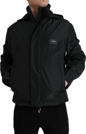 Dolce & Gabbana Black Polyester Logo Plaque Hooded Mens Jacket