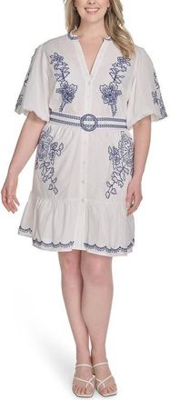 Eliza J Embroidered Detail Short Sleeve Cotton Shirtdress in Ivory Blue at Nordstrom, Size 16W