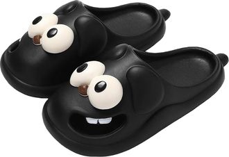 Generic Big Eye Dog Design Womens EVA Sole Comfy Indoor Outdoor Slide Sandals Slippers with Thick Soft Sole (Black, 5)