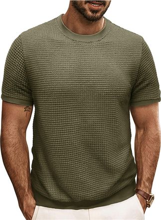 Generic Mens Fitted T-Shirts Short Sleeve Knit Round Neck Shirts Casual Stylish Textured Crewneck Solid Color Sweater Vintage Summer Knitted Pullover Tee Tops