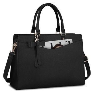 Generic Compatible For Women 15.6 Inch Leather Tote Work Business Office Briefcase Large Lightweight Handbag Shoulder(Black B)