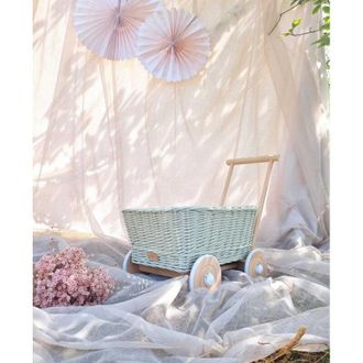 OEM Carrito De Juguete De Mimbre Verde Oliva. Cesta De Juguete De Mimbre Con Ruedas