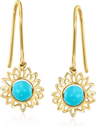 Ross-Simons Turquoise Sunflower Drop Earrings in 10kt Yellow Gold