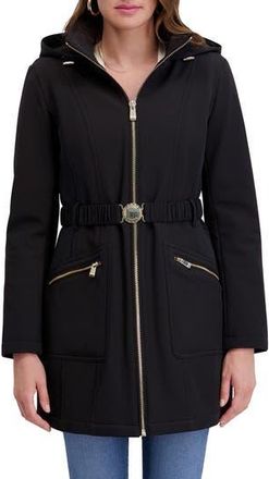 Kensie Soft Shelled Hooded Belted Zip-Up Coat in Black at Nordstrom Rack, Size X-Large