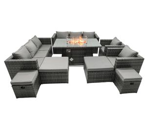 Fimous Rattan Garden Furniture Firepit Dining Set 12 Seater Lounge Sofa Table Set with 2 big Footstool in Dark Grey