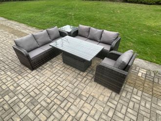 Fimous Outdoor Rattan Garden Furniture Sets Height Adjustable Rising lifting Dining Table Sofa Set with Reclining Chair Side Table in Dark Grey