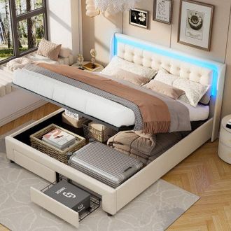 OEM Cama Con Cofre 180x200 Cm - 240704hxf - Led Integrada - Almacenamiento Hidr&aacute;ulico - Terciopelo Beige