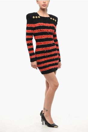 Balmain Two-Tone Striped Mini Dress with Decorative Buttons size 40