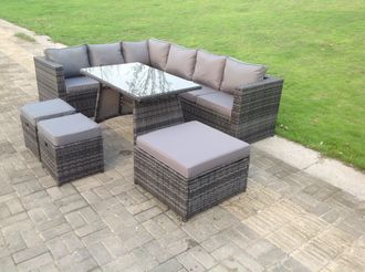 Fimous PE Rattan Corner Sofa Set Rectangular Dining Table Set With Seat & Back Cushion 7 Seater in Dark Grey