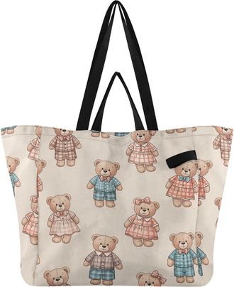 Generic Bear Pink Blue pattern Reusable Canvas Tote Bag, Heavy Duty Grocery Shopping Bag with Hard Bottom Double Handles Large Capacity Work Groceries Travel