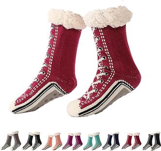 Generic Ultra-Thick Cashmere Slipper Socks for Women, Home Non-slip Soft Cozy Fleece, Winter Warm Fluffy Christmas Sock with Grippers (Red)