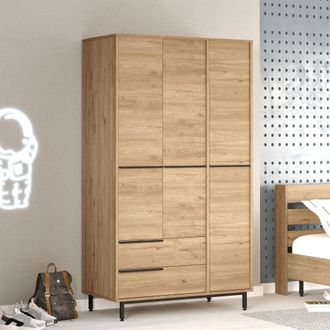 Dmora Armario De 3 Puertas Oricola, Dormitorio, 5 Estantes, 2 Cajones, Barra, 112x55 Cm Roble Marr&oacute;n