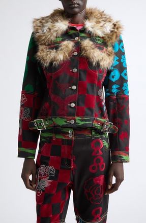 Chopova Lowena Faux Fur Trim Patchwork Denim Jacket in Black Multi at Nordstrom, Size Medium