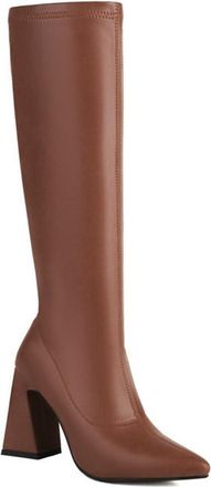 Generic Womens Slim Stretch Knee High Boots Pointed Toe Chunky Heels Pull On Winter Wedding Dating Casual Dress Shoes (Brown,7.5)