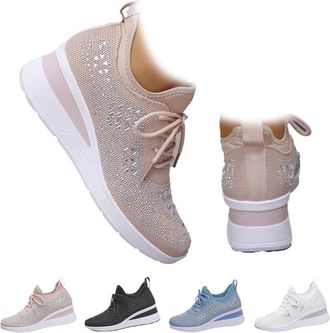 Generic Womens Glittery Rhinestone Fashion Breathable Wedge Sneakers Sparkly Lace Up Wedge Platform Trainers Walking Shoes (Pink,4.5)