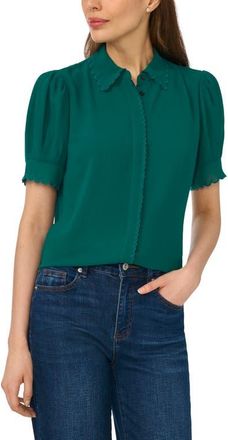 CeCe by Cynthia Steffe Scallop Trim Button-Up Shirt in Deep Spruce at Nordstrom, Size Medium
