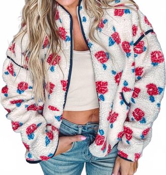 Very J Oversized Floral Printed Fleece Sherpa Jacket In Ivory