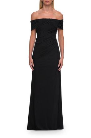 La Femme Off-the-Shoulder Ruched Jersey Gown in Black at Nordstrom, Size 18