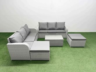 Fimous Outdoor Garden Furniture Sets 8 Seater Wicker Rattan Furniture Sofa Sets w/ Rectangular Coffee Table high Back Lounge Sofa 2 Big Footstool