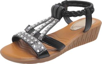 Generic 2026 Ladies Fashion Summer Bohemian Leather Knitted Open Toe Sandals (Black, 4.5)