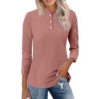 Generic Long Sleeve Cotton T Shirt Women Womens Stand Collar 3/4 Sleeve Tops Casual Shirts Basic Summer Tees Blouse Fall Winter Spring Trendy Casual Shirts Wo
