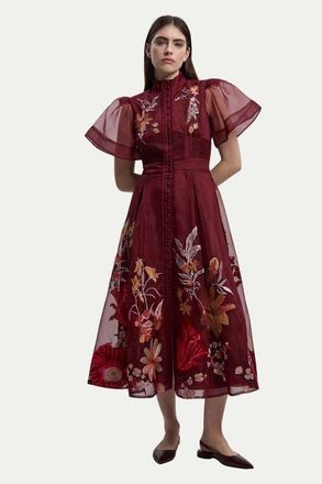 Karen Millen Embroidered Short Sleeve Midi Dress in Purple at Nordstrom, Size 10