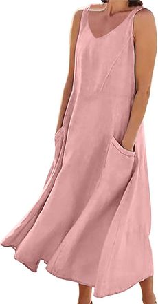 Generic Summer Linen Dress for Women 2026 Trendy Sleeveless Cotton Boho Maxi Dresses Loose Flowy Comfy Beach Dress with Pockets A-Pink
