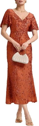 Ever-pretty Womens Sequin Evening Dresses Maxi Bodycon V-Neck Short Sleeves Burnt Orange 30