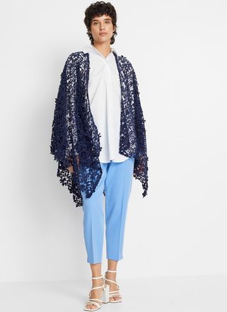 Bonprix Strickponcho BONPRIX, Damen, blau (dunkelblau), Obermaterial: 100% Polyester, l&auml;ssig geschnitten, Pullover Strickponcho, aus Polyester, mit Blumenmust