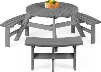 Best Choice Products 6-Person Circular Outdoor Wooden Picnic Table w/ 3 Built-In Benches, Umbrella Hole