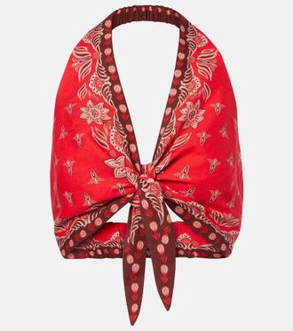 Farm Rio Ainika Garden halterneck linen-blend crop top