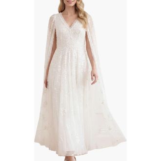 Needle & Thread Versailles Ditsy V-Neck Cape Maxi Gown in Swan White at Nordstrom, Size 12