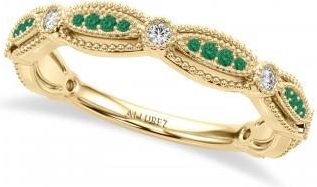 Allurez Antique Style Lab Emerald & Lab Grown Diamond Wedding Ring Band 14K Yelow Gold (0.20ct)