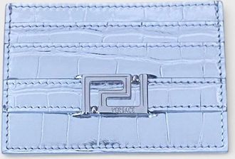 Versace Womens Logo Card Case Laminated Croco Silver Tone - Blue - Size: O/S