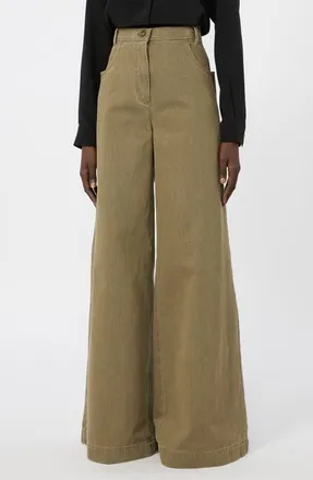 Max Mara High Waist Coated Cotton Bull Denim Wide Leg Pants in Kaki at Nordstrom, Size 10
