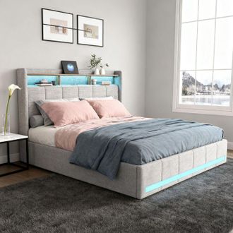 OEM Letto 140x200 Cm In Lino Beige Con Led Rgb, Porte Usb/type-c E 4 Cassetti - Rete Inclusa