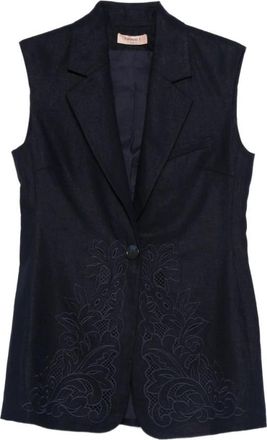 Twinset Floral Embroidery Sleeveless Blazer - Dames - Blazers - Blauw - S - Leer - Jassen