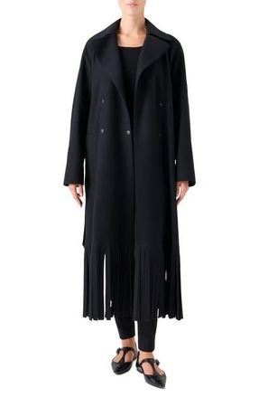 Akris Fringe Hem Wool Blend Belted Coat in Black at Nordstrom, Size 10
