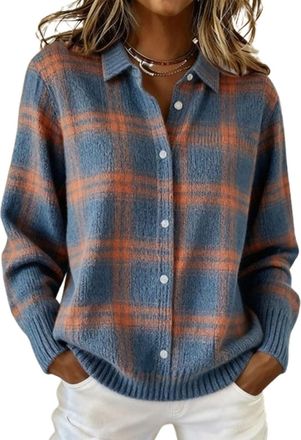 Generic Womens Plaid Print Casual Cotton Buttoned Cardigan Sweater, Plaid Knitted Cropped Cardigan Sweater Fall Winter Cardigans for Women Purple