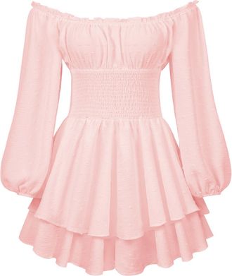 Generic Womens Pirate Costume - Womens Off Shoulder Mini Dress with Integrated Shorts Underneath Long Sleeve Ruffle A Line Pirate Costume Dresses 2 in 1 Short