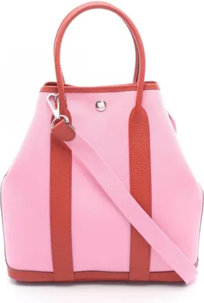 Herm&egrave;s Pink Red Color Toile Officier Country Leather Handbag Tote Bag (Pre-Owned)