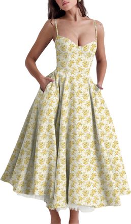 Generic Cocktail Dresses for Women,Sexy Spaghetti Straps Dresses,Womens Club and Night Out Dresses Flowy Midi Dress (Small Yellow Flower,M)